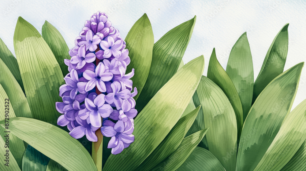 Obraz premium Watercolor illustration of a lavender hyacinth draped in deep green foliage evoking funeral solace watercolour background 