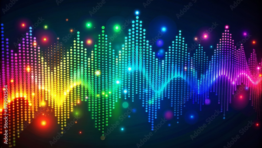 Vibrant multicolored dots oscillate rhythmically on a dark background, creating a mesmerizing, futuristic visual representation of dynamic audio frequency patterns. Vibrant multicolored dots oscillate rhythmically on a dark background, creating a mesmerizing, futuristic visual representation of dynamic audio frequency patterns.