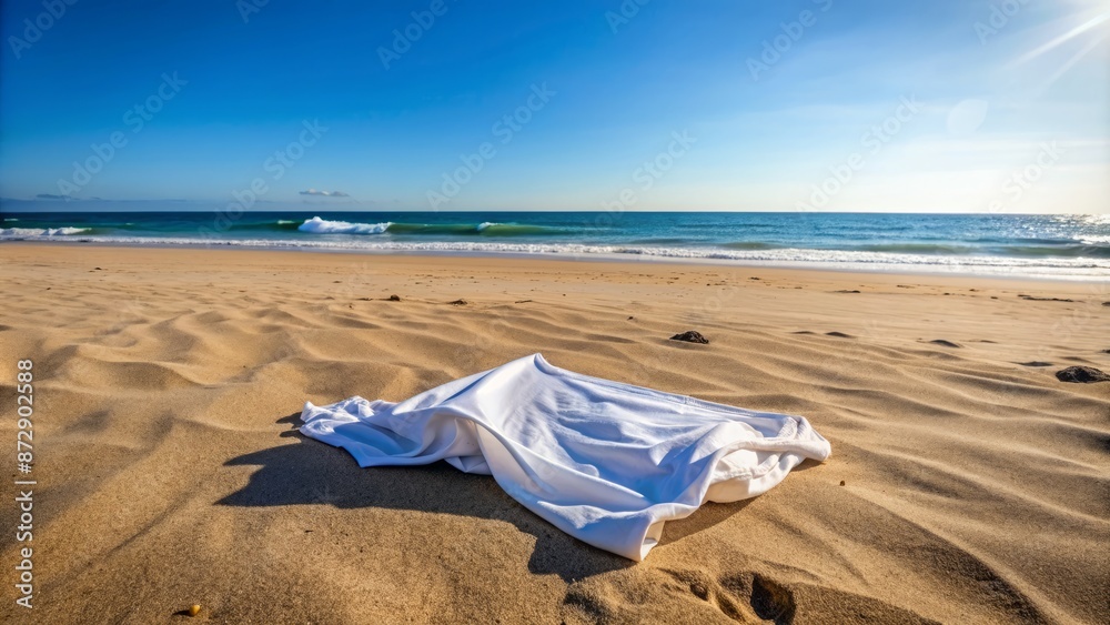 Serene isolated background of a crumpled empty white t-shirt lying on warm sandy beach with clear blue sky and ocean view. Serene isolated background of a crumpled empty white t-shirt lying on warm sandy beach with clear blue sky and ocean view.