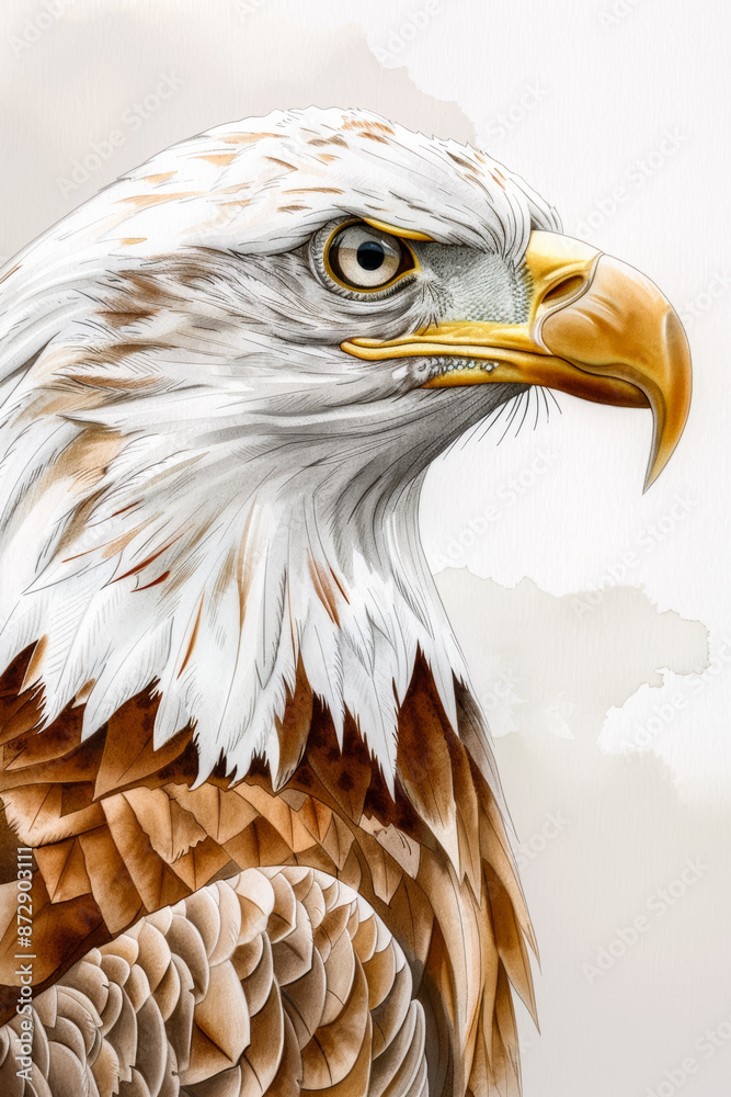 Fototapeta premium Watercolor illustration of a majestic eagle clutching a wrench with industrial autumn tones celebrating Labor Day bright simple watercolour background 