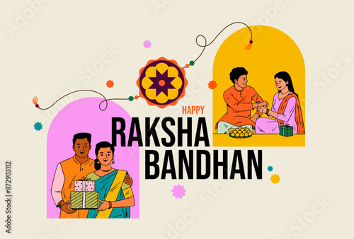 Happy Raksha Bandhan text with brother and sister celebrating Raksha Bandhan Festival elements and vector illustration for social media post