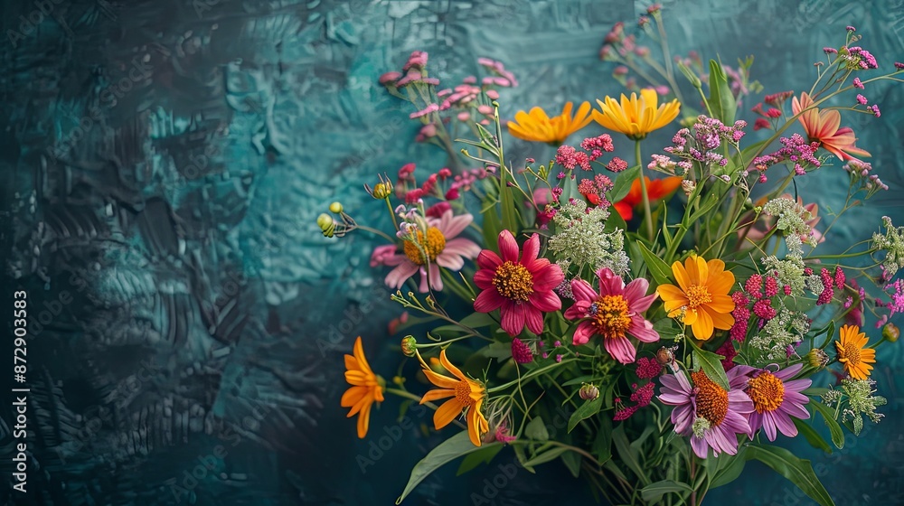 A vibrant bunch of wildflowers set against a rustic chalkboard backdrop creates the Summer Solstice Bouquet in this top down shot with a beautifully blurred background A vibrant bunch of wildflowers set against a rustic chalkboard backdrop creates the Summer Solstice Bouquet in this top down shot with a beautifully blurred background