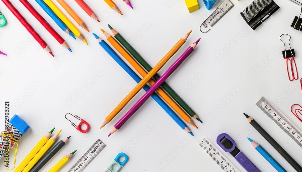 Top-down view of an X-shaped arrangement of school supplies on white, emphasizing creativity, Top-down view of an X-shaped arrangement of school supplies on white, emphasizing creativity,