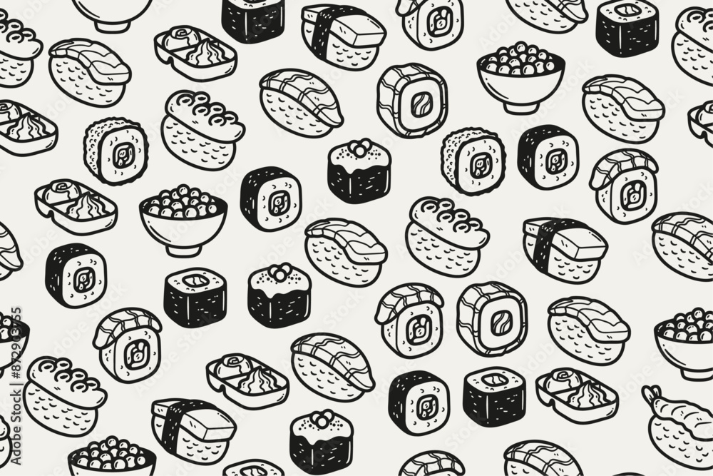 Monochrome sushi pattern. Vector and seamless pattern with asian cuisine of fish and rice. Sushi pattern black and white. Monochrome sushi pattern. Vector and seamless pattern with asian cuisine of fish and rice. Sushi pattern black and white.
