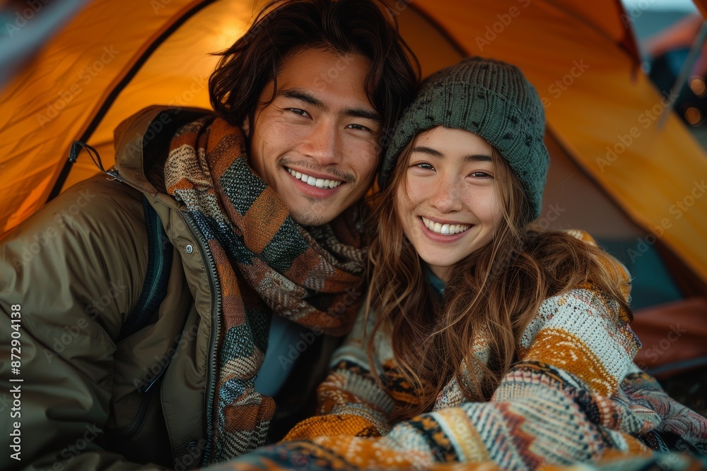a young Asian couple is camping in the mountains, sitting on blankets next to each other under their tent. a young Asian couple is camping in the mountains, sitting on blankets next to each other under their tent.