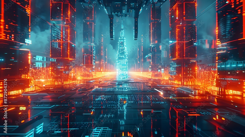 Futuristic Cyberpunk Cityscape with Neon Lights and High-Tech Skyscrapers at Night Futuristic Cyberpunk Cityscape with Neon Lights and High-Tech Skyscrapers at Night