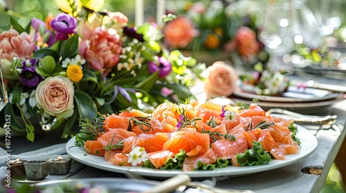 An enticing addition to the classic midsummer solstice spread is the Scandinavian salmon salad adorning the outdoor buffet table alongside a vibrant bouquet of summer flowers © Larysa