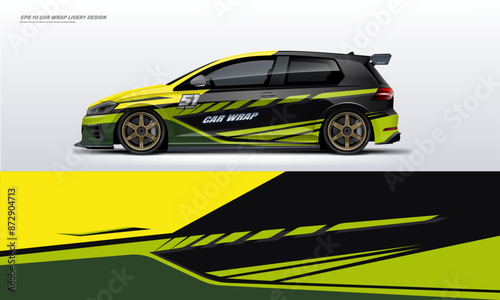 sports car Hatchback wrap design. decal or livery design. Abstract racing graphics green black backround. Editable vector template