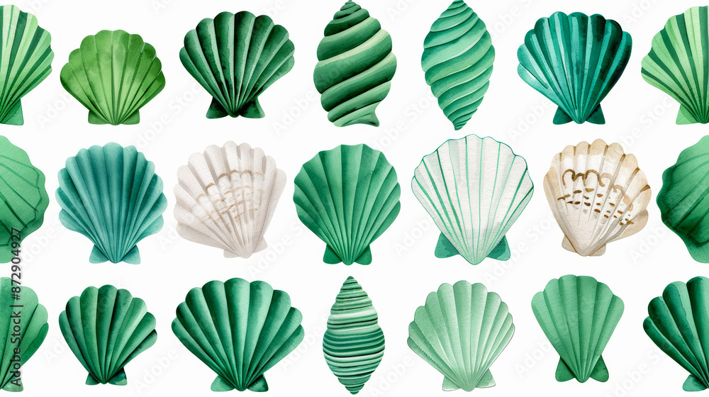 Obraz premium Watercolor illustration of a minimalist Scandinavian spiral seashell pattern in subtle jade green on white ink watercolour