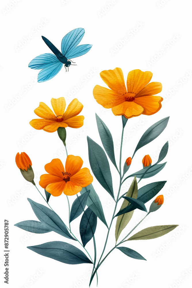 Fototapeta premium Watercolor illustration of a mystical dragonfly hovering over autumnal marigolds for Diwali bright simple watercolour background 