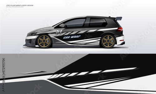 sports racing car Hatchback wrap design GTI black grey racing. Abstract racing graphics black grey with backround. Editable vector template