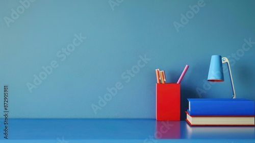 Purple and blue academic desk setup, minimalistic and ideal for educational promotional content,