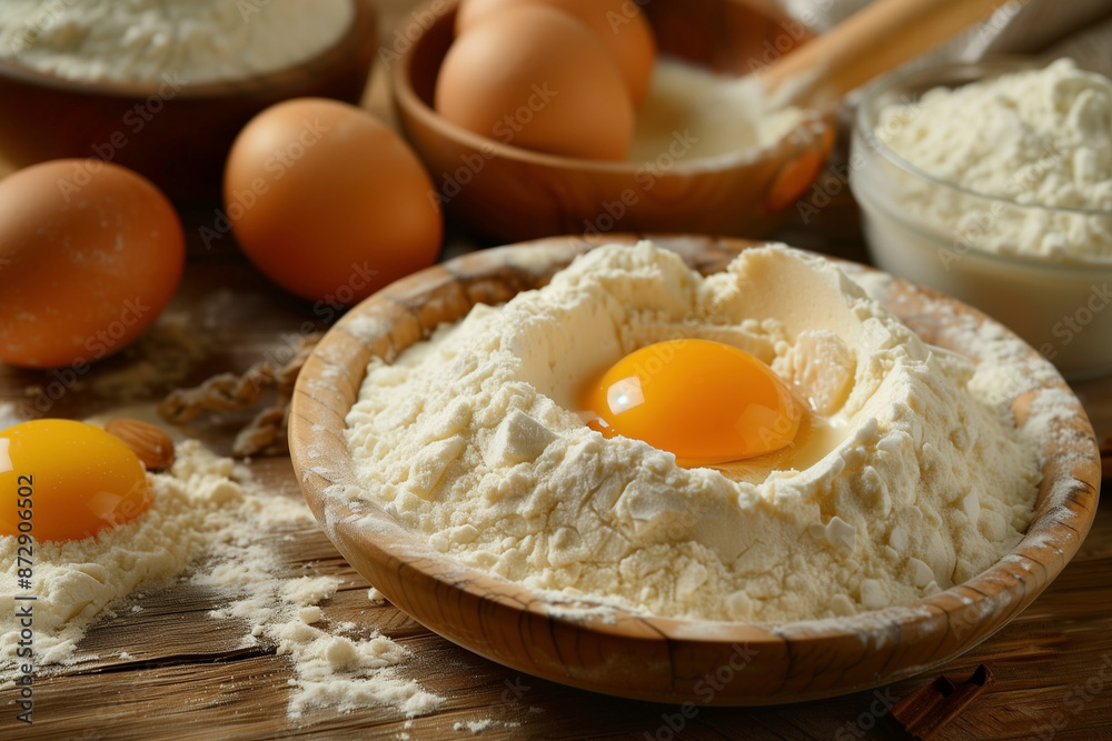 Eggs and flour on the wooden table and bowls Eggs and flour on the wooden table and bowls