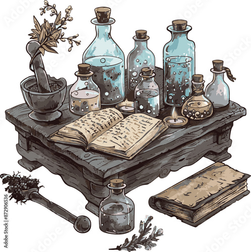 Vintage Alchemy Table with Potion Bottles and Open Book - Magic and Knowledge