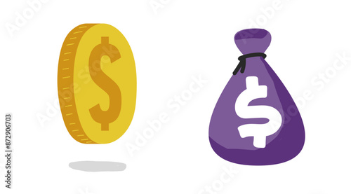 Doodle coin hand drawn money vector set graphic illustration, cash bag sack isolated cartoon simple image clip art