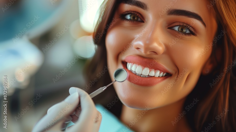A beautiful woman is having her teeth checked at the dentist's office A beautiful woman is having her teeth checked at the dentist's office
