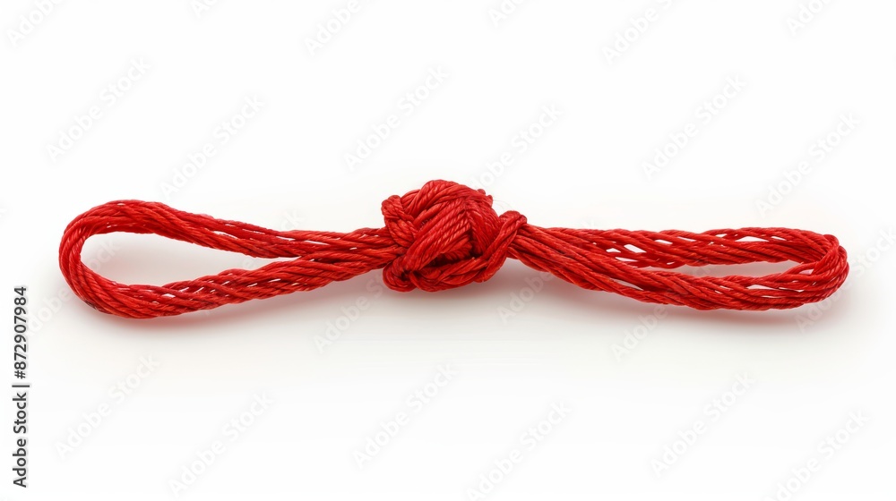 A red thread or string amulet for the wrist, isolated on white, with knots visible. Top view A red thread or string amulet for the wrist, isolated on white, with knots visible. Top view