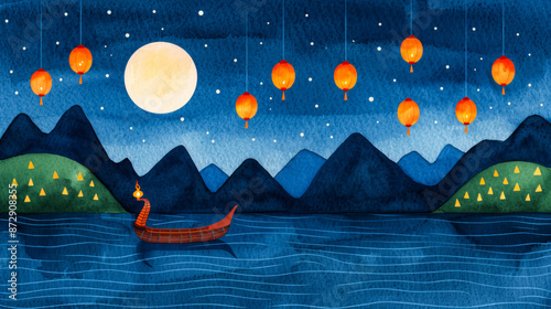 Watercolor illustration of a serene lantern lit dragon boat gliding under glowing lanterns for Mid Autumn Festival bright simple watercolour background  photo