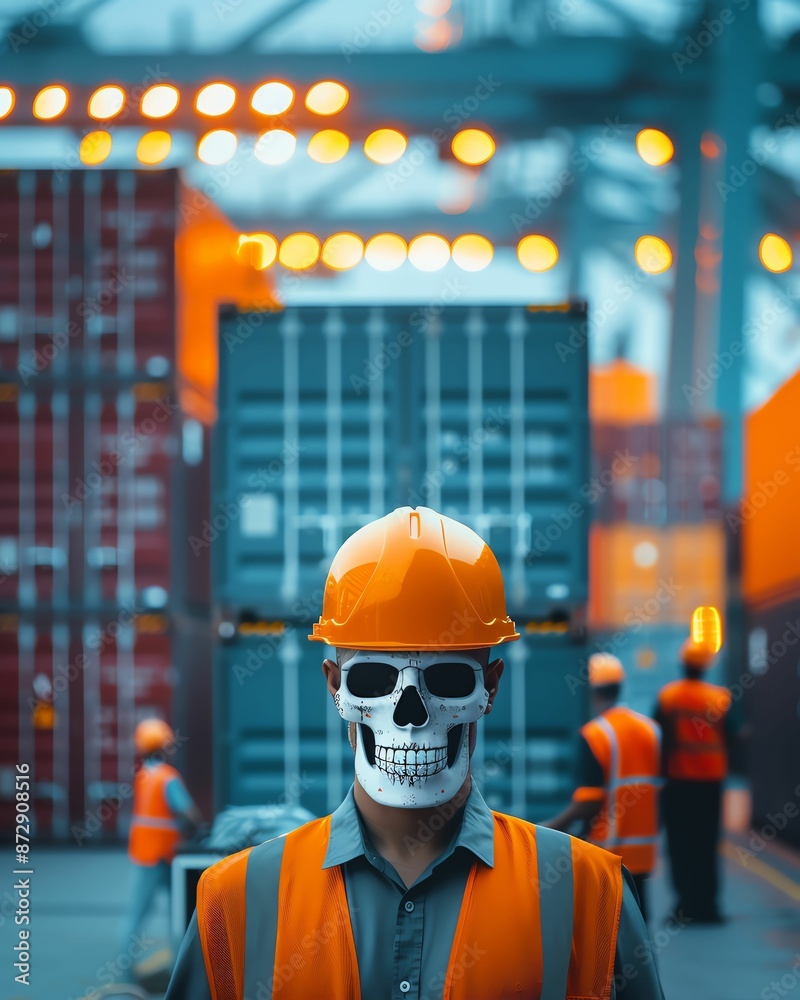 A worker in a skull mask and hard hat stands in front of shipping containers at a busy port. A worker in a skull mask and hard hat stands in front of shipping containers at a busy port.