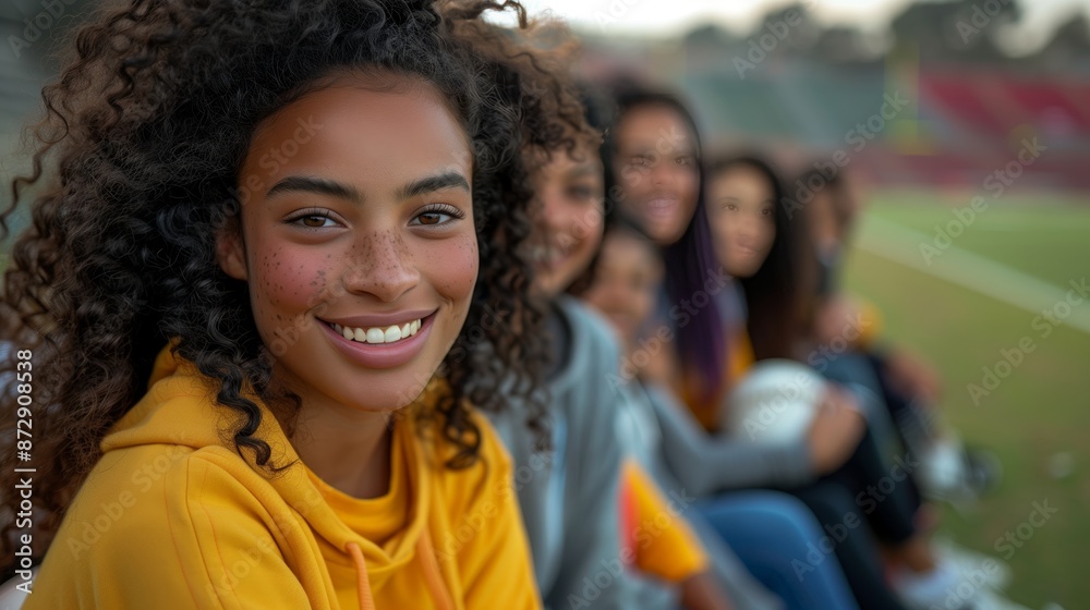 A diverse group of young women sitting on the sidelines at an athletic field A diverse group of young women sitting on the sidelines at an athletic field