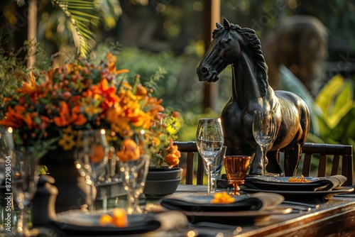 Fototapeta Naklejka Na Ścianę i Meble -  Outdoor garden setting with black horse statue centerpiece surrounded by orange yellow flowers. Wooden table set with plates glasses vase of flowers in rich plants palm trees plants.