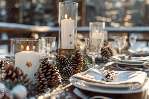 Winter festive table setting with pinecone centerpiece, candles, wine glasses and plate on snowy landscape background. Cozy outdoor dinner party atmosphere with warm glow from golden accents.
