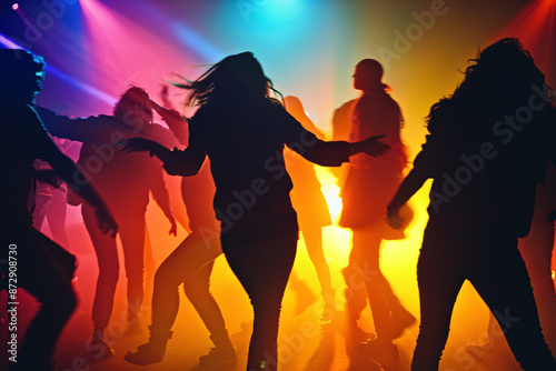 silhouettes of people dancing in a club with colorful lights creating a lively and energetic atmosphere