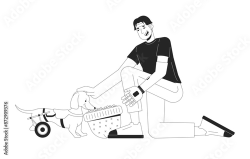 Man with arm prosthesis feeding disabled dog from hat black and white 2D line cartoon character. Pet owner with disabilities isolated vector outline person. Life monochromatic flat spot illustration