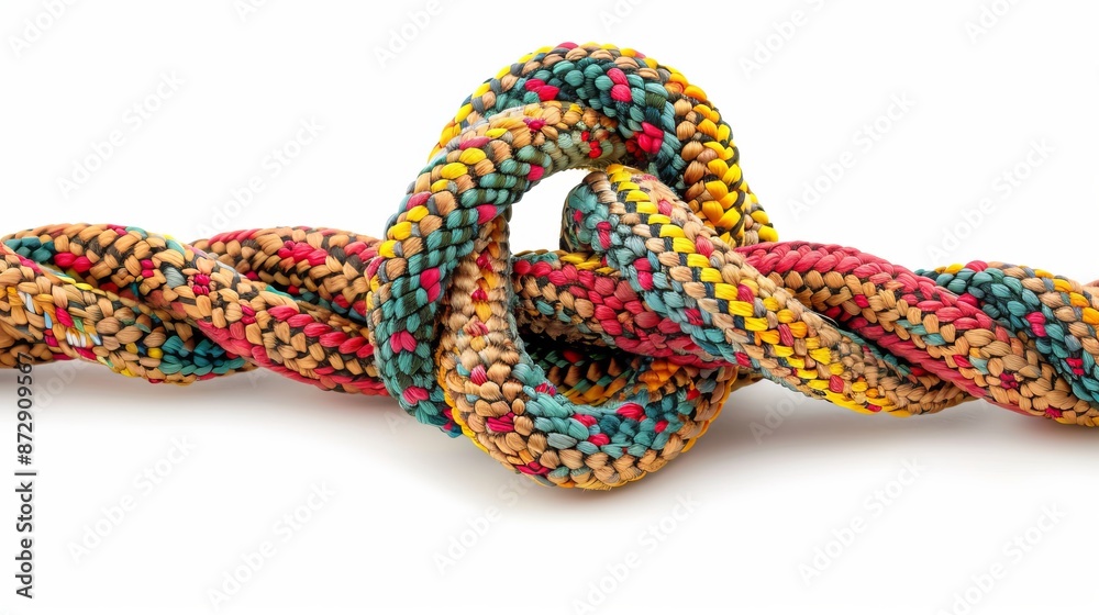 Durable, colored climbing rope equipment shown in a knot of braided cable, intended for tourism and travel, isolated on a white background Durable, colored climbing rope equipment shown in a knot of braided cable, intended for tourism and travel, isolated on a white background