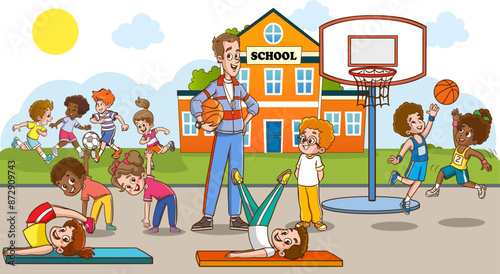 Children doing various sports in physical education class at school. Vector illustration of children exercising in physical education class with their teacher.