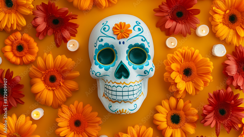 Watercolor illustration of a sugar skull with bright marigold petals and candles for Day of the Dead bright simple watercolour background Watercolor illustration of a sugar skull with bright marigold petals and candles for Day of the Dead bright simple watercolour background