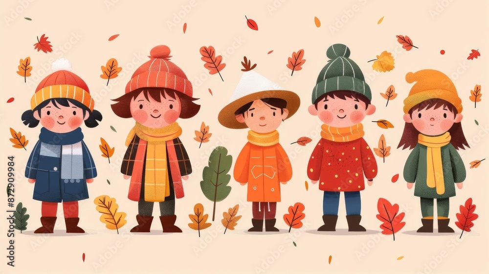 Students in autumn costumes for school play, flat design illustration Students in autumn costumes for school play, flat design illustration
