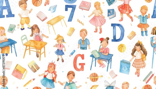 School-themed watercolor pattern with lively desks, teachers, and colorful letters,