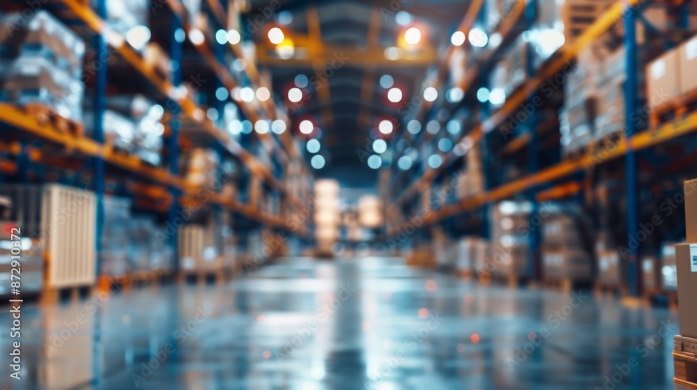 Warehouse with blurred background, featuring industrial storage shelves, hardware boxes, and bokeh lights, emphasizing business logistics, distribution, and cargo storage in a spacious and organized e Warehouse with blurred background, featuring industrial storage shelves, hardware boxes, and bokeh lights, emphasizing business logistics, distribution, and cargo storage in a spacious and organized e