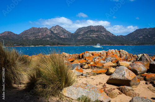 View of The Hazards in Freycinet National Park from Coles Bay, Tasmania.