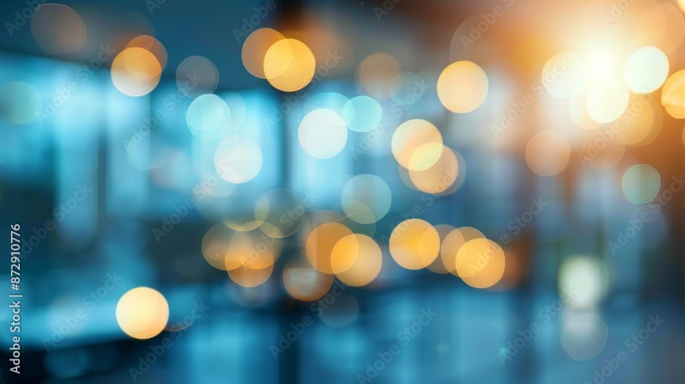 Fototapeta premium Blurred office background with bokeh lights - abstract business concept banner featuring soft focused office space and elegant light effects, ideal for professional presentations and corporate brandin
