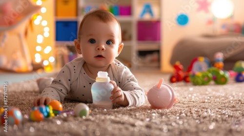 The baby holding bottle.