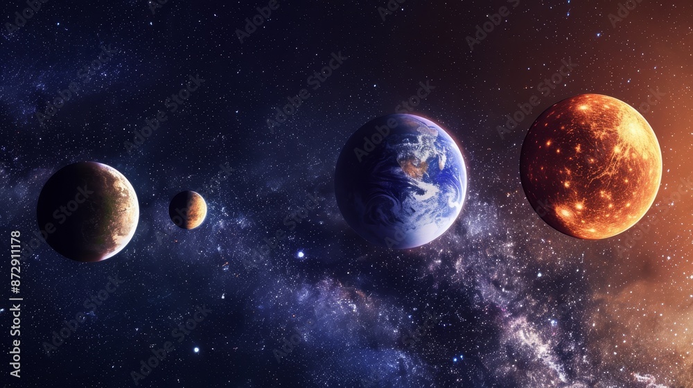 Fototapeta premium Planets Mercury, Venus, Earth, and Mars align in a stunning celestial parade, captured from the vast expanse of space.