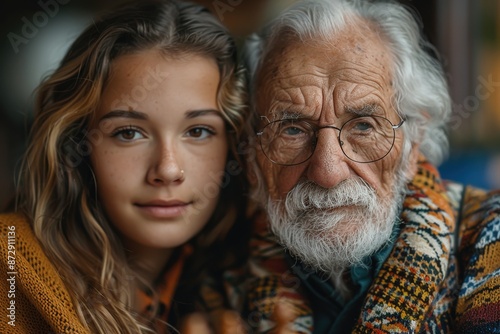An elderly man with a white beard and glasses and a young girl with long hair cuddle together under a knitted blanket, exuding warmth and familial bond.