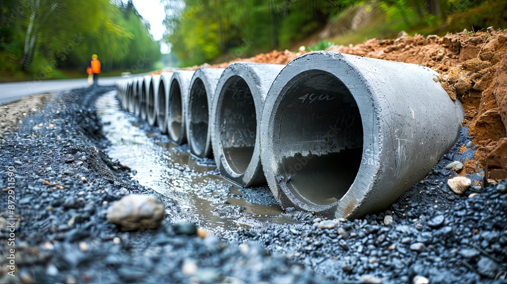 Concrete drainage pipe system installation on road sides for urban water and sewage drainage Concrete drainage pipe system installation on road sides for urban water and sewage drainage