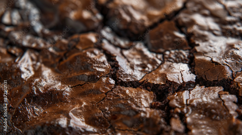 Close-up of a freshly baked brownie with a cracked, glossy top. Macro shot for food background and print, poster, banner. Close-up of a freshly baked brownie with a cracked, glossy top. Macro shot for food background and print, poster, banner.
