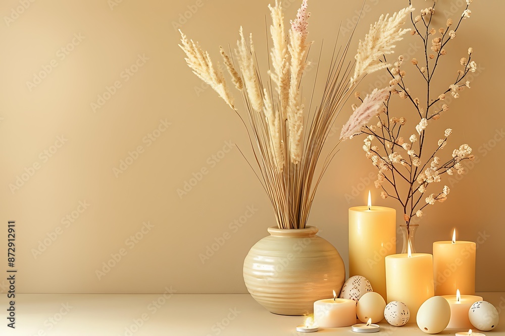 Pampas grass in a vase, beige candles, and decorative Easter accents on a beige background, creating a spring ambiance. Pampas grass in a vase, beige candles, and decorative Easter accents on a beige background, creating a spring ambiance.