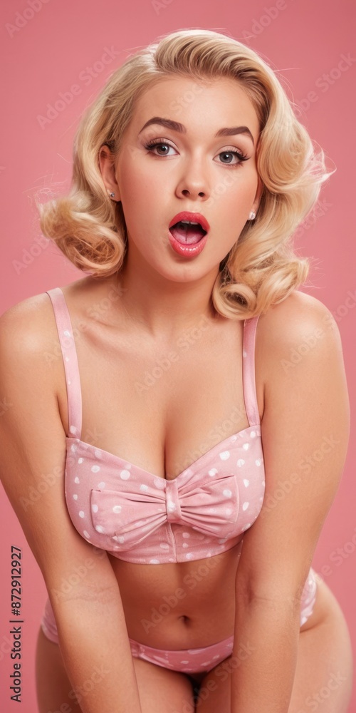 Beautiful woman pin-up style with his mouth open in surprise with a cleavage on a pink background. Generative AI Beautiful woman pin-up style with his mouth open in surprise with a cleavage on a pink background. Generative AI