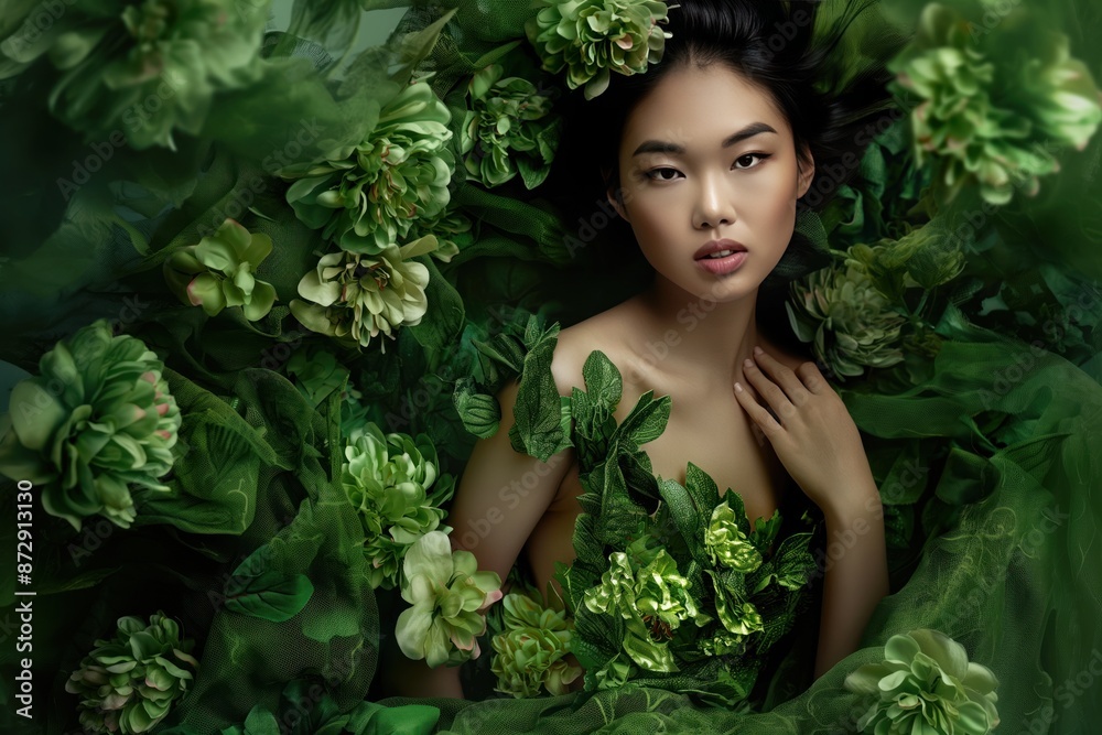 Asian woman wears green flower dress, holds perfume bottle, stands in rich greenery. Elegant pose showcases high-end fashion style. Perfect for beauty, lifestyle, and eco-themed projects. Asian woman wears green flower dress, holds perfume bottle, stands in rich greenery. Elegant pose showcases high-end fashion style. Perfect for beauty, lifestyle, and eco-themed projects.