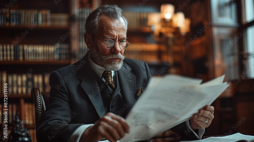 Elderly Man Reading Documents in a Library Setting Elderly Man Reading Documents in a Library Setting