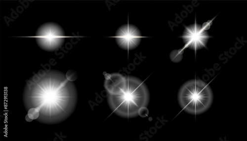 Transparent sunlight special effect set on black background. Vector lens flare light, sun rays flash, white glow star burst, shiny sun glare collection.