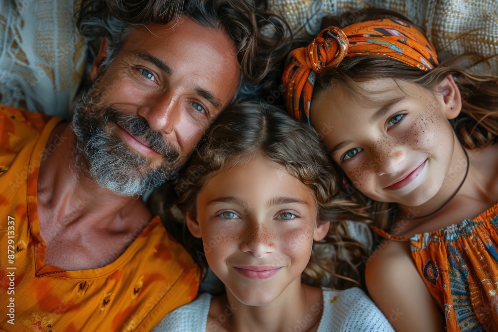 A father with his two daughters are lying down together, all smiling and close to each other, creating a heartwarming family moment in a cozy setting. A father with his two daughters are lying down together, all smiling and close to each other, creating a heartwarming family moment in a cozy setting.