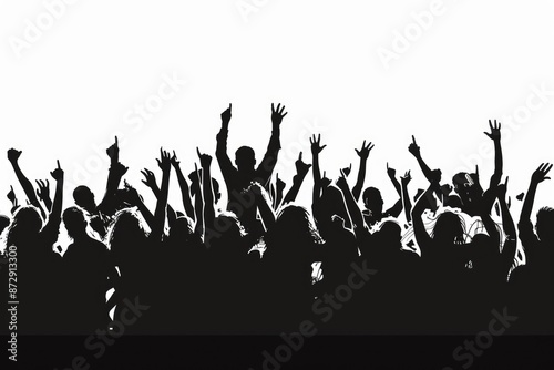 Silhouette crowd with hands up in air at concert event.