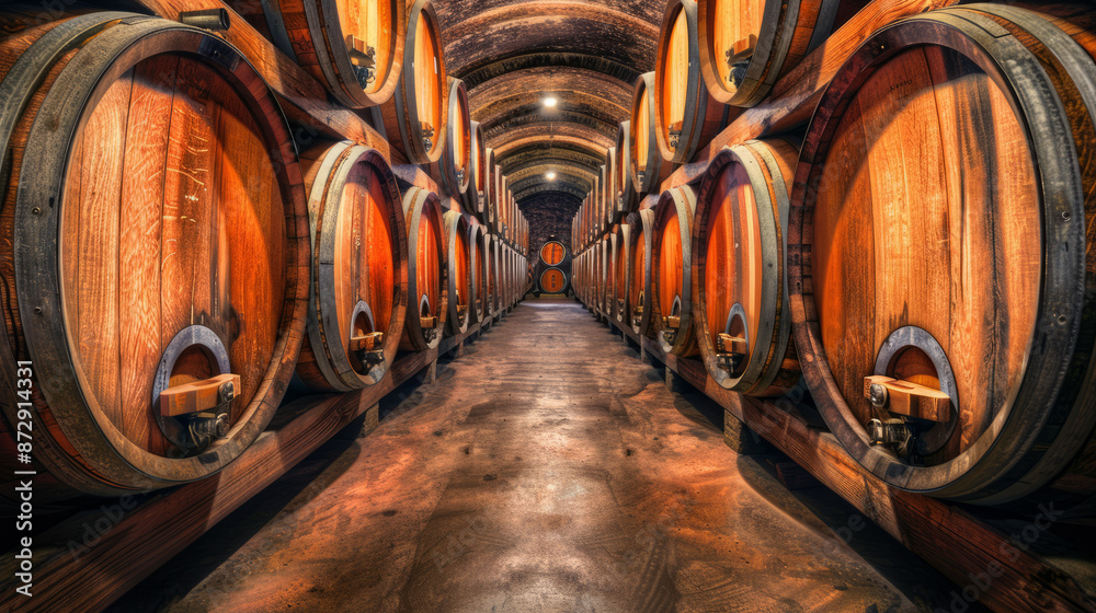 Row wooden barrels of wine in a winery. Interior of a wine cellar with rows of large wooden barrels. Winery background for poster, banner and print. Row wooden barrels of wine in a winery. Interior of a wine cellar with rows of large wooden barrels. Winery background for poster, banner and print.