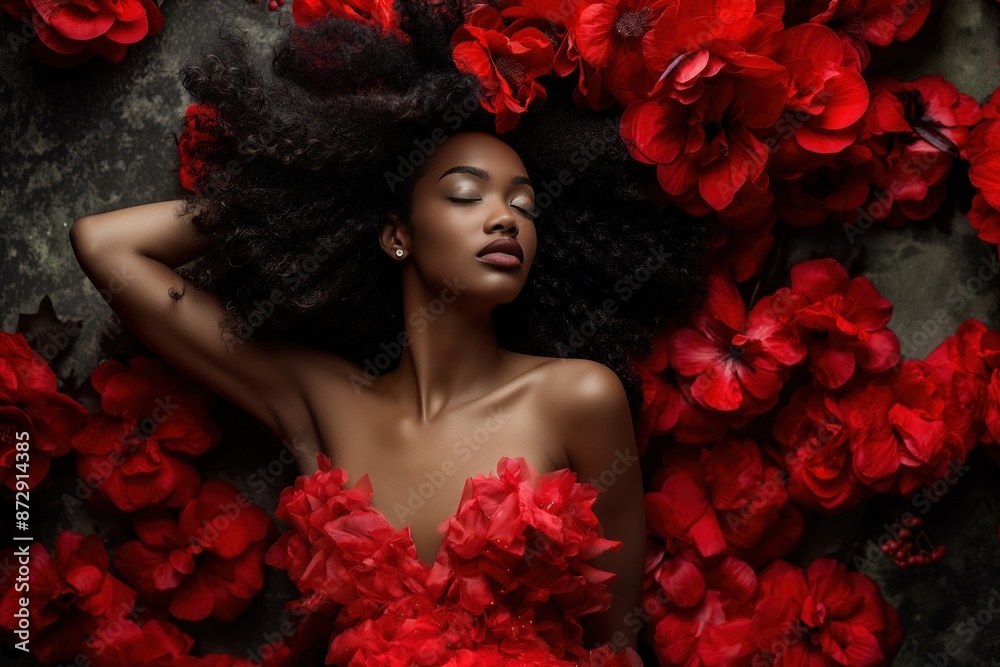 Stunning black woman lies on bed with red flowers. She wears vibrant red dress with ruffled collar and deep red skirt. High-end fashion photo concept featuring perfume and elegance. Stunning black woman lies on bed with red flowers. She wears vibrant red dress with ruffled collar and deep red skirt. High-end fashion photo concept featuring perfume and elegance.